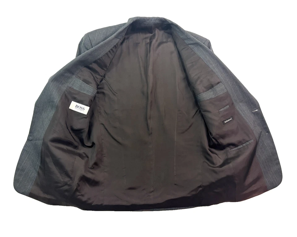 vtg 90s Hugo Boss 40S 33x30 2pc Pant Suit Gray Blue Stripe Boxy Pleated Relaxed - Image 4 of 4