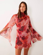ASOS Women’s Abstract Sheer Chiffon Mini Dress High Neck Bell Sleeve Size 12