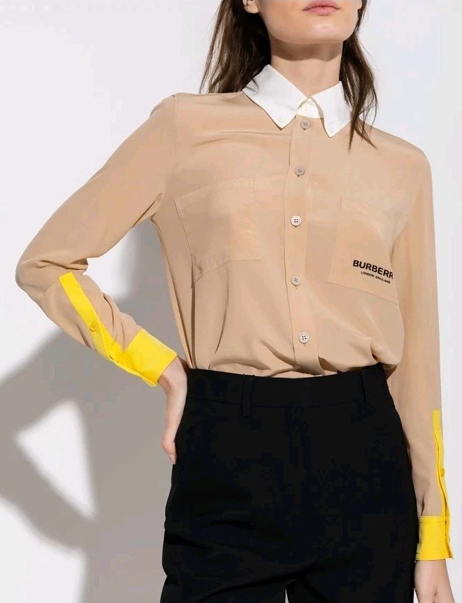 Burberry — BURBERRY Logo Womens Beige Button Down Blouse US2 100% Silk $1,070 Retail