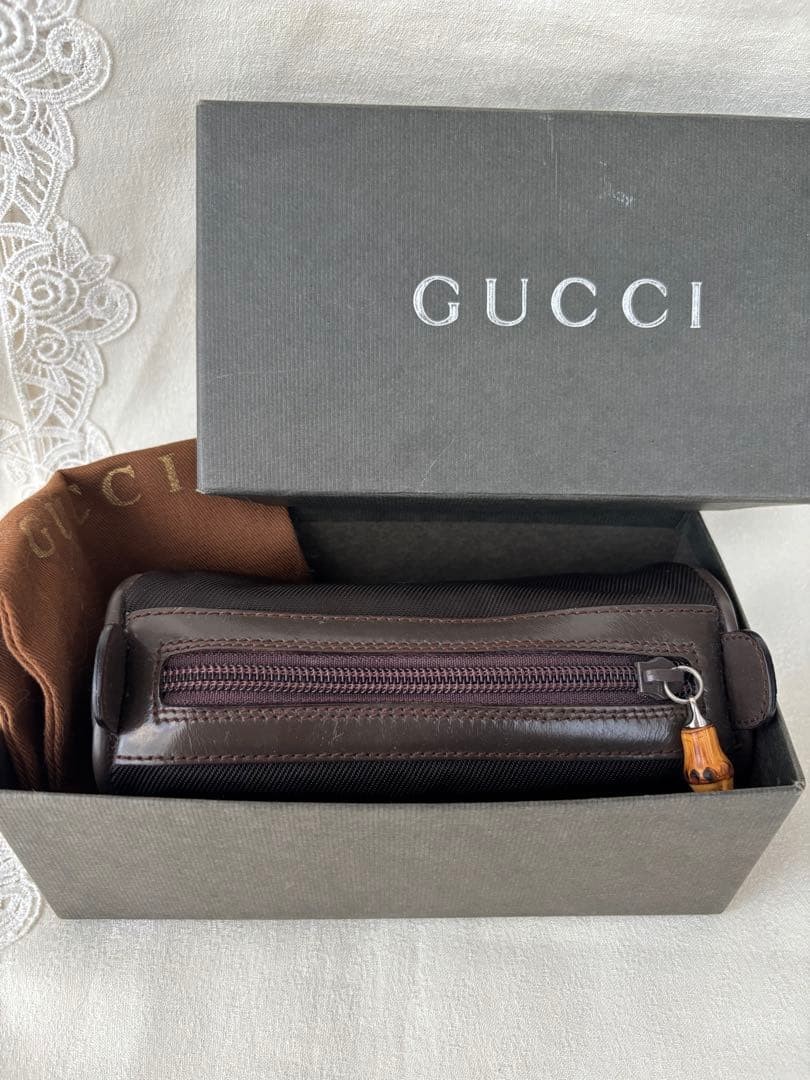 GUCCI Marsupio in pelle di nylon con cerniera bambù marrone e sacchetto antip...
