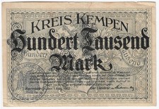 Banknote 100,000 Mark 1923 Kempen district (North Rhine-Westphalia) Circulated