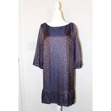 SEZANE Navy Blue Bronze Leopard Print Ruffle Hem Shift Dress Size 42 US 10