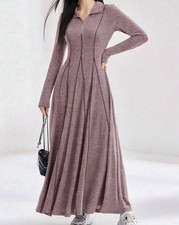 Mauve Collared Long Sleeve Pleated Knit Maxi Dress Pullover Size M