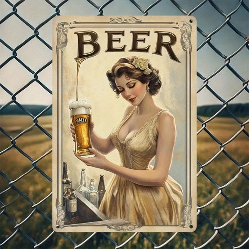 Vintage-Style Beer Poster with Elegant Woman Holding a Full Glas Tin Metal Signs