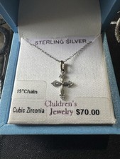 Childrens Cross Pendant 15" Necklace with 12 Cubic Zirconia 925 Sterling Silver