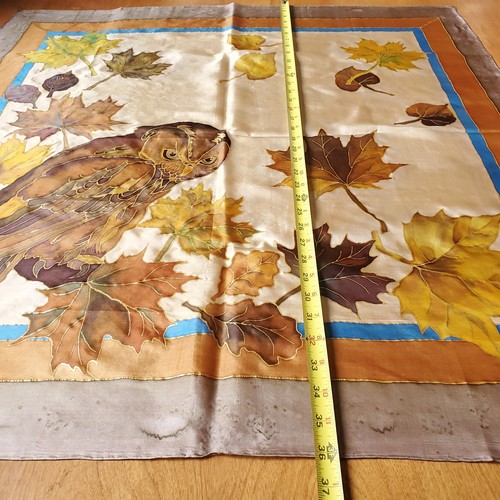 Vintage Silk Scarf Owl Autumn Fall Leaves Prandell Brown Gold Blue Square Artsy - Picture 8 of 9