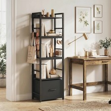 4-Tier Bookshelf, Narrow Bookcase with Drawer, 8 Hooks