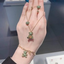 New In GIft Box Teddy Bear Pendant bracelet earring, green Rose Gold Plated Tone