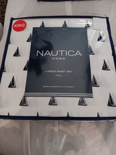 NAUTICA HOME 4 PIECE WHITE BLUE SAILBOATS KING SHEET SET 100 POLYESTER NIP