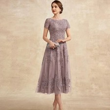 Elegant Short Lace Appliques Mother of The Bride Dress Scoop Neck A-line Tulle