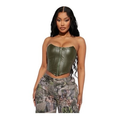 Fashion Nova Green Satin Strapless Boned Bustier Corset Top Front Zip S