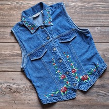 VTG Bill Blass Embroidered Rose Embellished Denim Vest Medium Y2K Boho Cottage