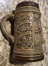 German Stoneware Beer Stein Stein with Raised Relief Hunting Scene, Breweriana