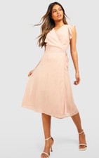 BOOHOO Chiffon Ruffle Skater Wrap Dress Size 10 Nude / Blush Bridesmaid Party
