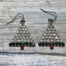 Christmas Tree EARRINGS Rhinestones Clear Green Red Hook Dangle Drop