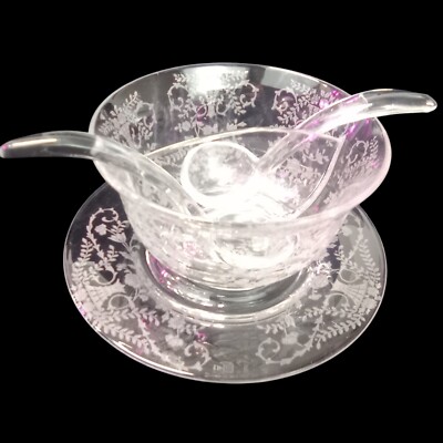 VTG Cambridge Glass Portia Divided Twin Mayo Dressing Condiment Dish Ladle Set 4