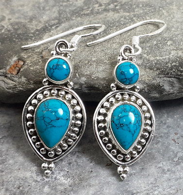 925 Silver TURQUOISE Double Drop Earrings E135~Silverwave*uk Jewellery