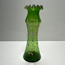 Green Hand Blown Vase with Hand Painted Enamel Flowers