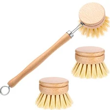 Dish Brush with Beechwood Handle with 2 Replacement Heads Natural Wood Dish 
