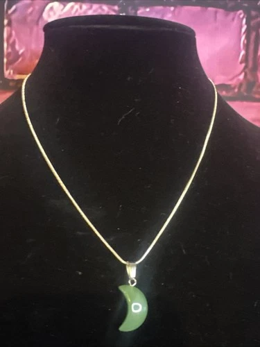 925 Silver Green Half Moon Jade Stone Pendant 16”