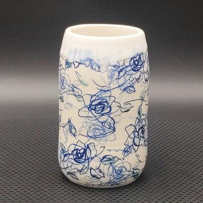 HTF Lauren Cichoski 5'' Blue & Cream Squiggles Ceramic  Vase Handmade Signed