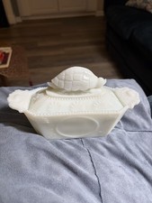 Antique Mustard Milk Glass Dish W/Turtle Lid By Flaccus