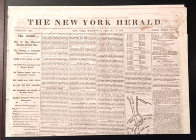 January 7, 1863 New York Herald MURFREESBORO BATTLE, MAP, CLARKSVILLE CAPTURED