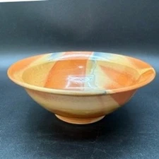 VTG Handmade Ceramic Bowl Orange Swirl Glaze Art Pottery Salad Cereal Dish Fun