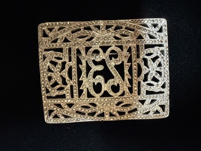 Art Deco Sterling Silver Marcasite Cutwork Rectangle  ES  Monogramed Brooch