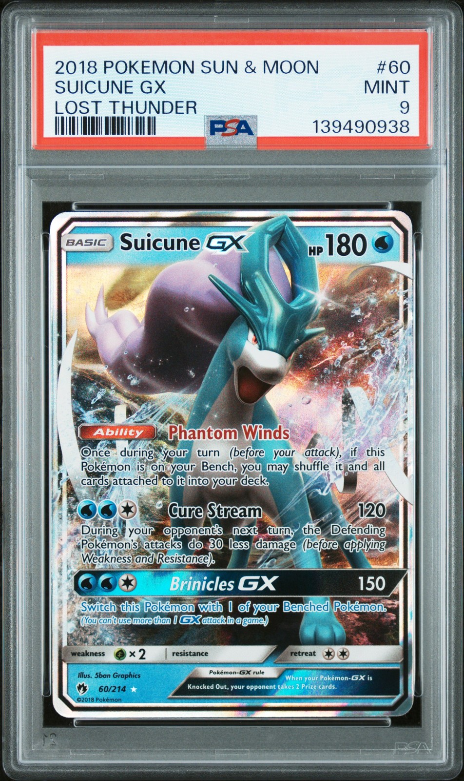 PSA 9 Suicune Gx Card #60 2018 Pokemon Sun & Moon Lost Thunder 139490938