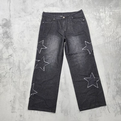 NEW ROMWE Jeans Mens 42x31 Black Charcoal Wash Relaxed Wide Leg Star Patch Denim