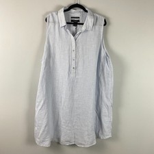 Tahari Linen Sleeveless Popover Shirt Dress Size 3X Blue Stripe Collared