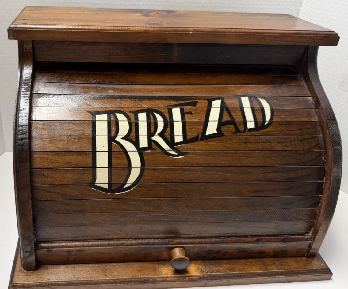 VINTAGE ROLL TOP WOODEN BREAD BOX .. MID CENTURY..MEXICO