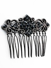 Victorian Faceted Metal Jet Black Mourning Hair Comb Ornate Scrolls Beading 2"