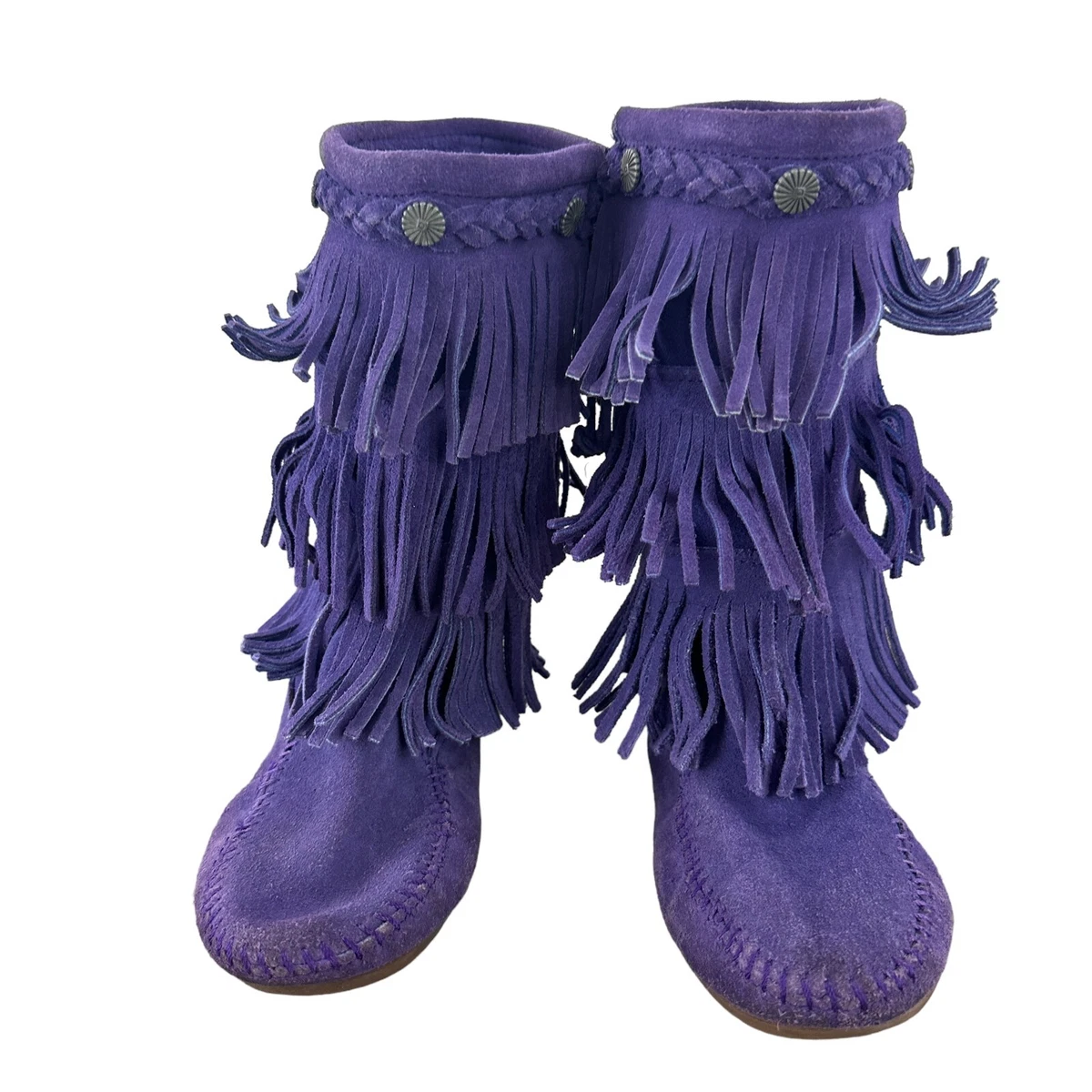 Minnetonka Suede Boots Size 3 Three Layer Fringe Boot Purple Studs