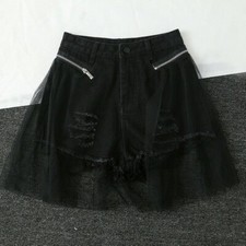 Damen Denim Shorts Hot Pants Distressed Mini Jeans Abnehmbare Netz Tüll