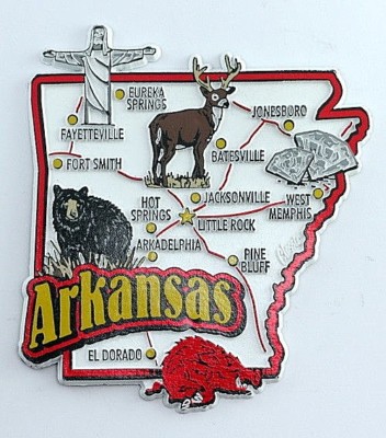 ARKANSAS STATE MAP AND LANDMARKS COLLAGE FRIDGE COLLECTIBLE SOUVENIR MAGNET FMC