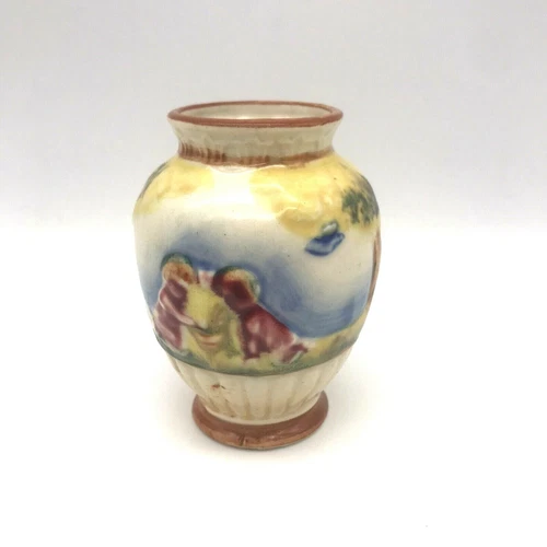 VTG 3 1/2" Miniature Bud Vase Charming Scene Yellow/Blue  Made in Occupied Japan