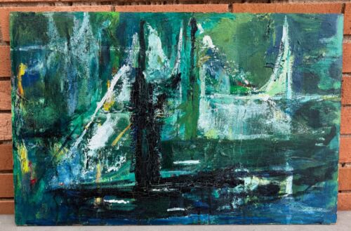 Vintage MCM Abstract Nautical Boats Oil Painting Mid Century Modern Art 1960s