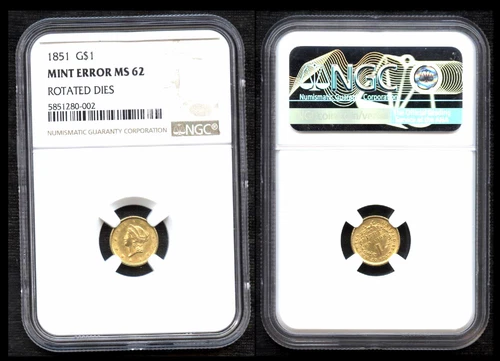 1851 $1 RARE gold mint error MS62 NGC ROTATED DIES