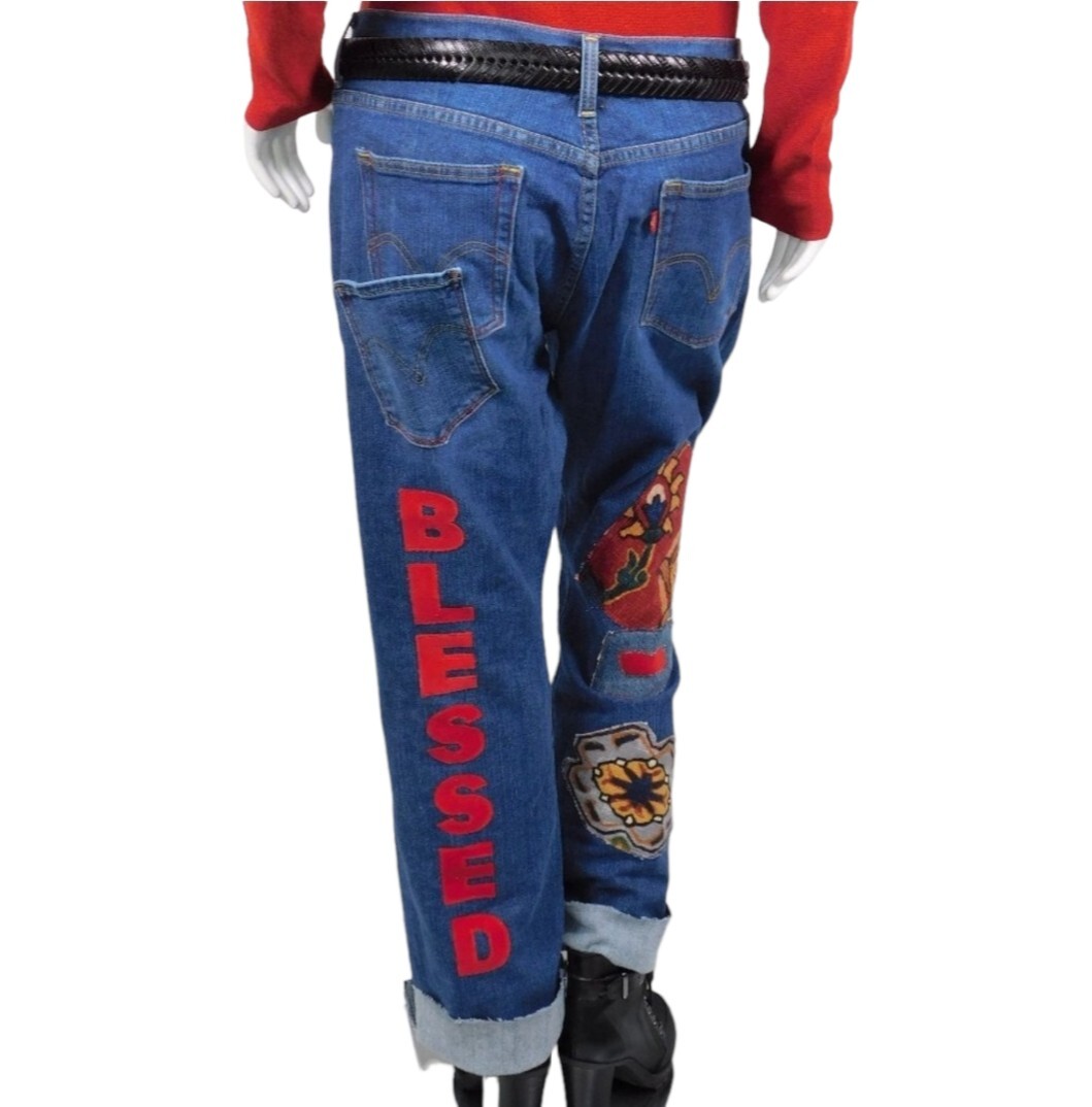 Upcycled Denim Boyfriend Blessed Patchwork Jeans … - image 4