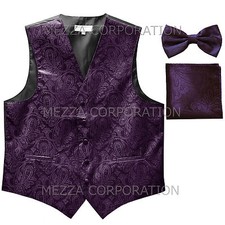 New Vesuvio Napoli Men's paisley Tuxedo Vest Bowtie  Hankie dark purple formal