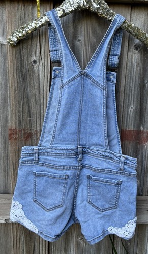 Arizona Jean Co Teen Denim Overall Shorts Girls Size 14 White Lace Front Pocket - Picture 16 of 23
