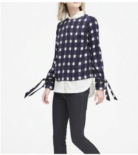 Banana Republic S-P White Navy Blue Grid Check Bow Long Slv Top NWT 88 Blouse