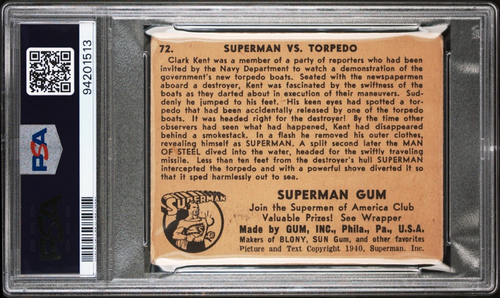 1940 SUPERMAN VS. TORPEDO HIGH NUMBER CARD #72 PSA 2 GOOD GUM INC. CENTERED! - Picture 2 of 2
