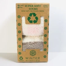 NEW Winter Essentials 2 PAIR Size 4-10 Super Soft Fuzzy Socks Pink / Gray Stripe