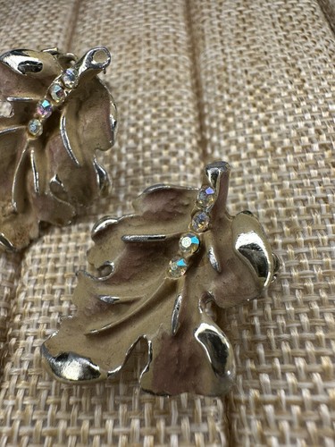 Orecchini Vintage BSK Tono Oro Foglia Clip On Lotto di 2 Morbidi Smalti Marrone Pietre AB - Foto 2 di 12
