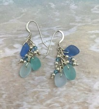 Beach Glass Gem Blue Multi Handcrafted Drop Dangle Cluster Earrings Glass Art