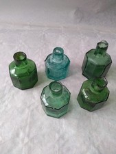 5 VICTORIAN OCTAGONAL  INK BOTTLES WITH SHEAR LIP.  GREEN AND AQUA GLASS