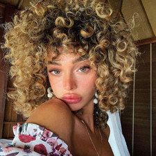 14Inch Black/Blonde Curly Wigs for Women,Short Kinky Afro Curly Wigs with Bangs
